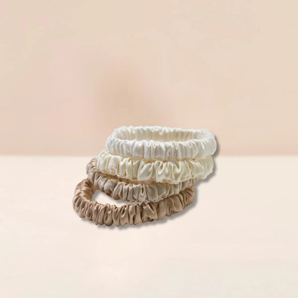 Mulberry Silk Skinny Scrunchies in white, golden sand, beige, brown